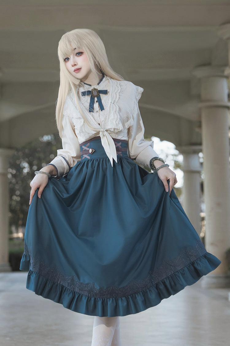 Blue Ruffle Embroidery Lace-Up Sweet College Style Elegant Lolita Skirt - Product - 8