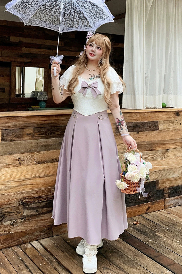 White/Purple Round Collar Short Sleeves Bow Patchwork Lace Sweet Japanese Plus Size Lolita Dress - White/Purple - 1