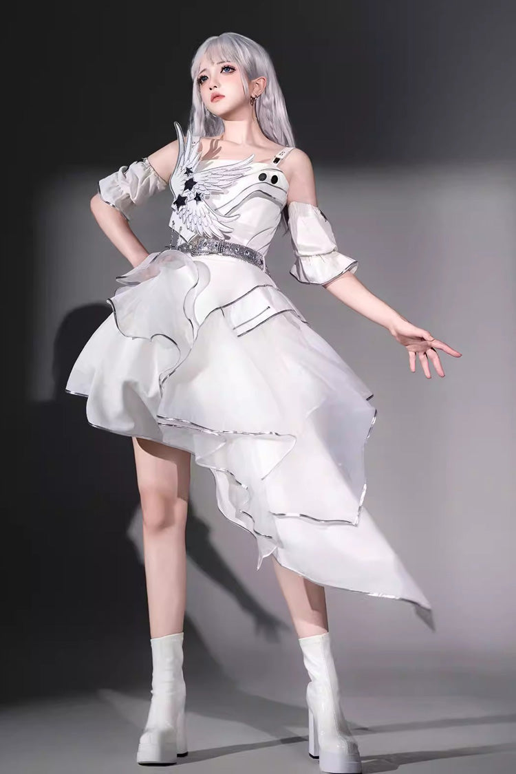White [Silver Wings] Stand Collar Irregular Asymmetric Futuristic Style Punk Lolita Jsk Dress Set - White - 1