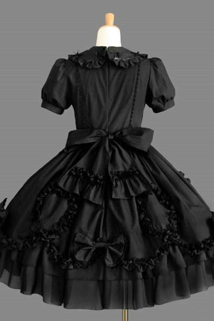 Black Cotton Lapel Collar Short Sleeves Bowknot Ruffled Multi-Layer Gothic Lolita Dress - Product - 2