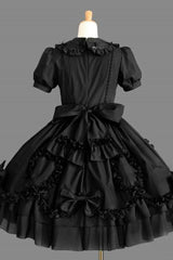 Black Cotton Lapel Collar Short Sleeves Bowknot Ruffled Multi-Layer Gothic Lolita Dress - Product - 2
