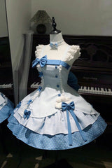Blue [Glass Bottle] Square Collar Sleeveless Triple-Layered Printed Ruffled Bow Asymmetric Sweet Lolita Jsk Dress - Product - 6