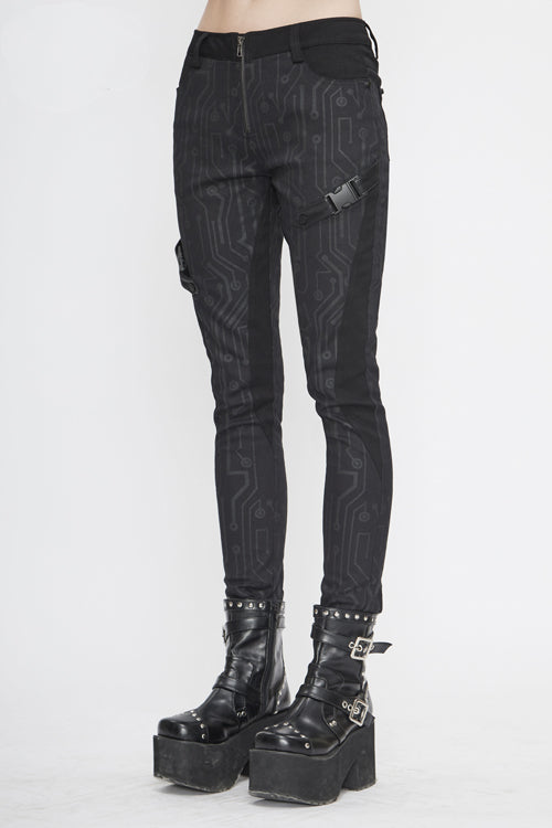 Black Punk Circuit Printed Leather Loops Womens Pants - Product - 3