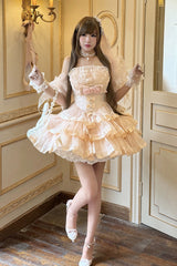 Pink [Mousse Love Song] Off Shoulder Sleeveless Triple-Layered Ruffled Hanayome Bow Sweet Elegant Ballet Lolita Short Dress Set - Pink-Dress(Only) - 2