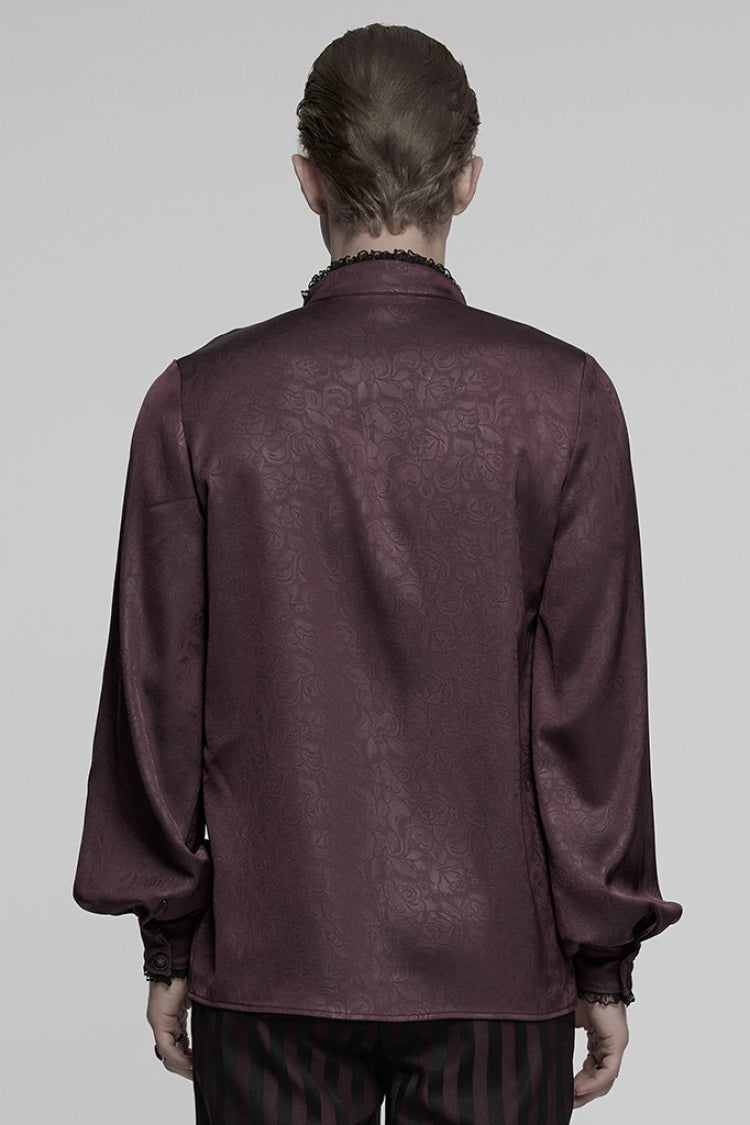 Red Stand Collar Long Sleeves Ruffle Embroidery Lace-Up Plunging Rose Men's Gothic Blouse - Product - 3