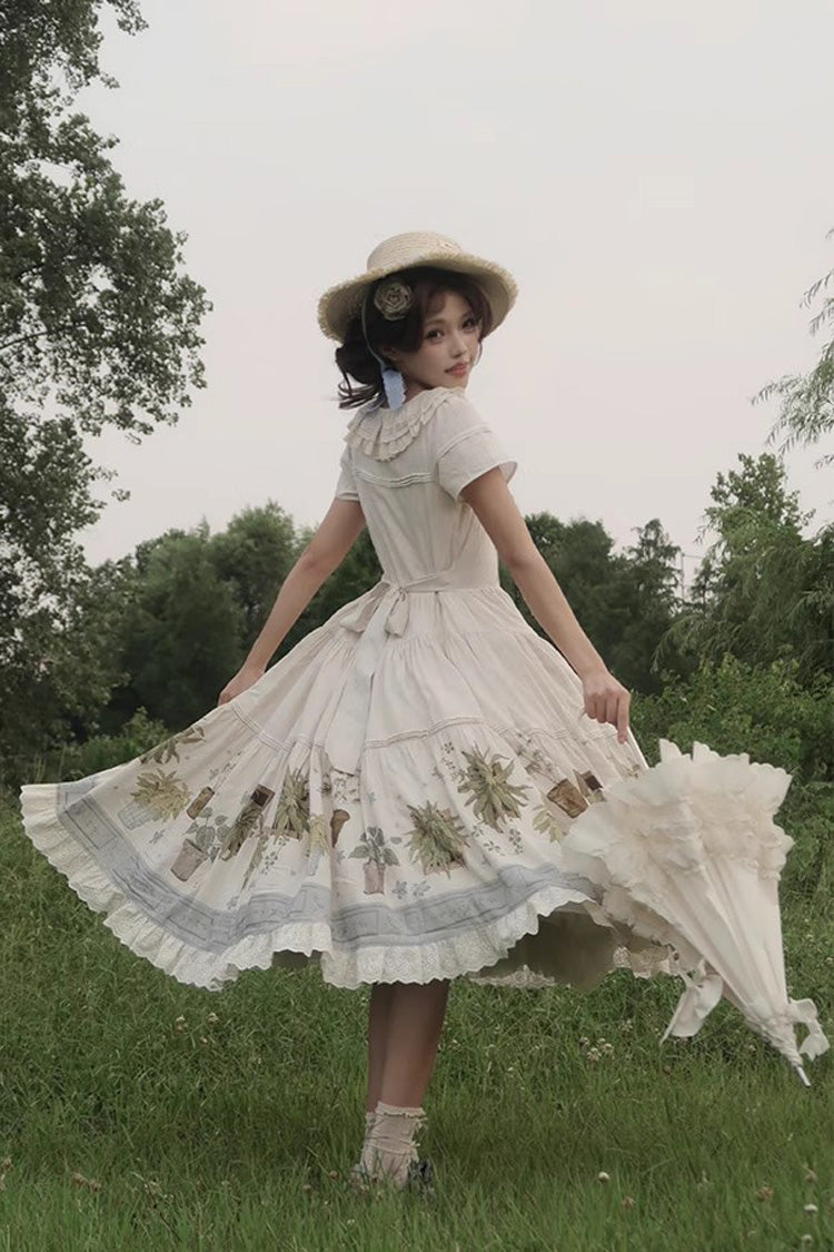 Ivory [Potted Plant] Short Sleeves Print Ruffle Sweet Lolita Dress - Product - 10