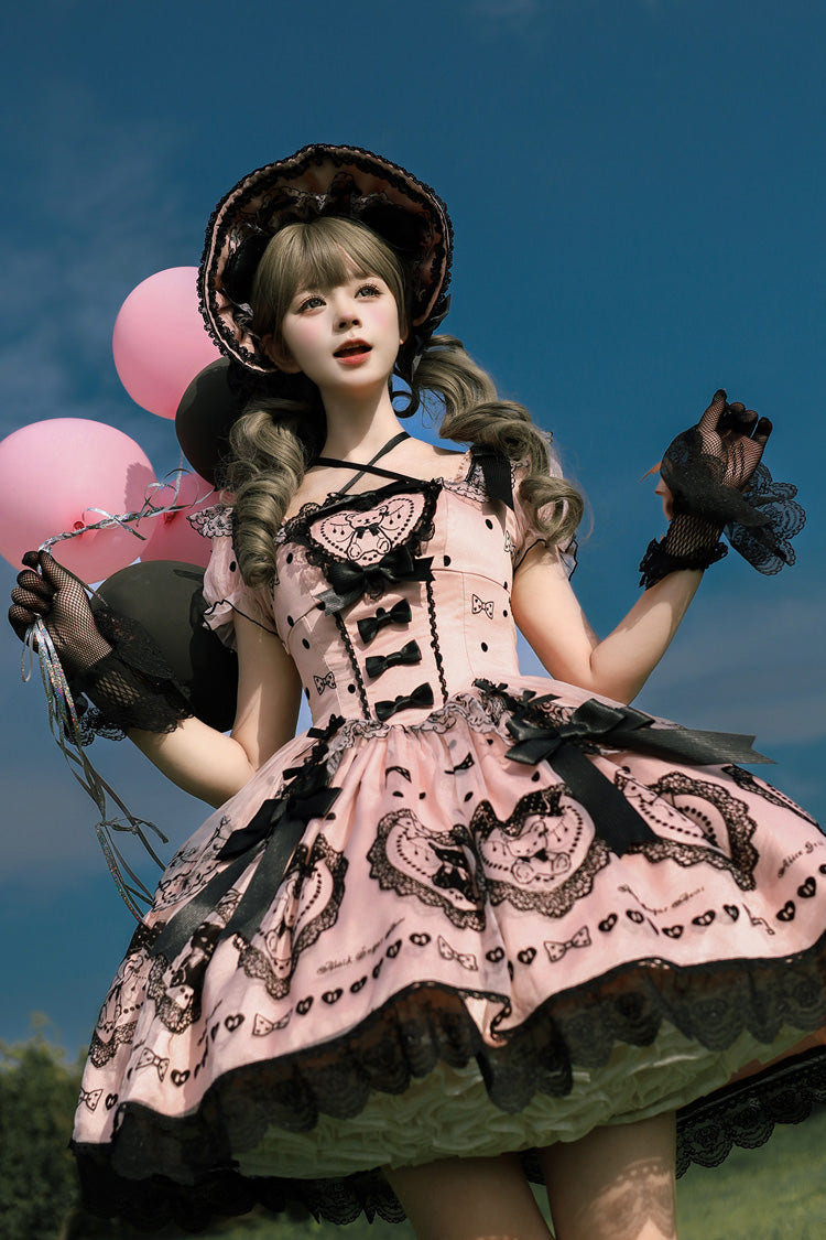 Pink [Sugar Bear] Square Collar Short Sleeves Embroidered Bow Sweet Lolita Dress (Bow Train Included) - Product - 9