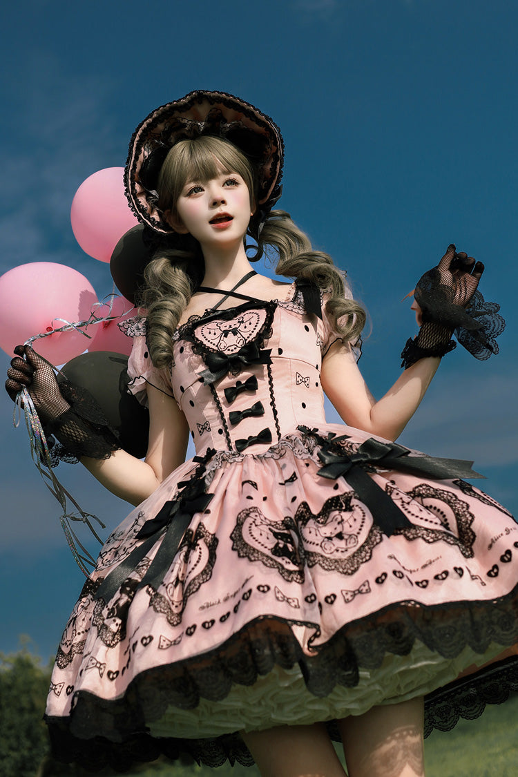 Pink [Sugar Bear] Square Collar Short Sleeves Embroidered Bow Sweet Lolita Dress (Bow Train Included) - Product - 9
