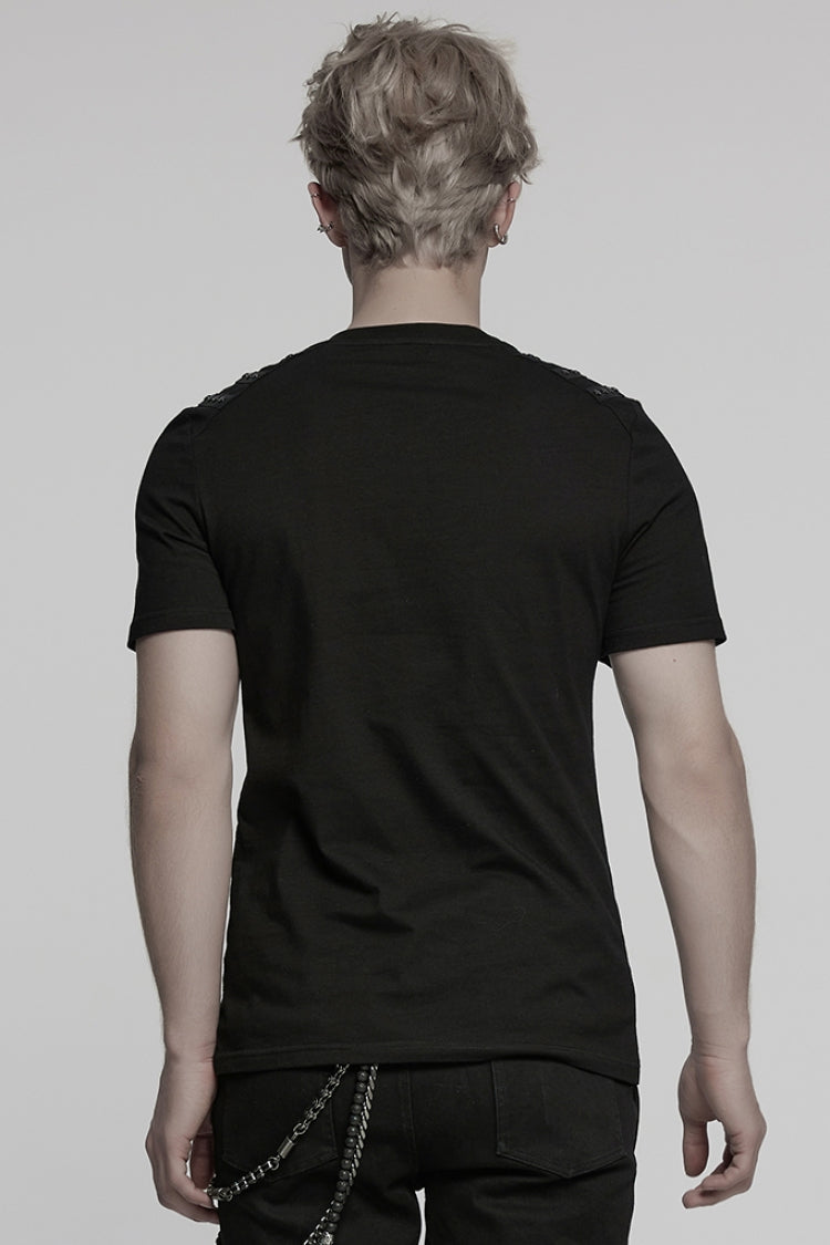 Black Round Collar Short Sleeves Studded Buckle Strap Men's Punk T-Shirt - Product - 3