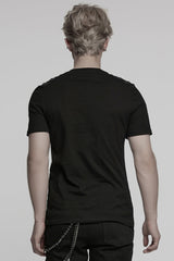 Black Round Collar Short Sleeves Studded Buckle Strap Men's Punk T-Shirt - Product - 3