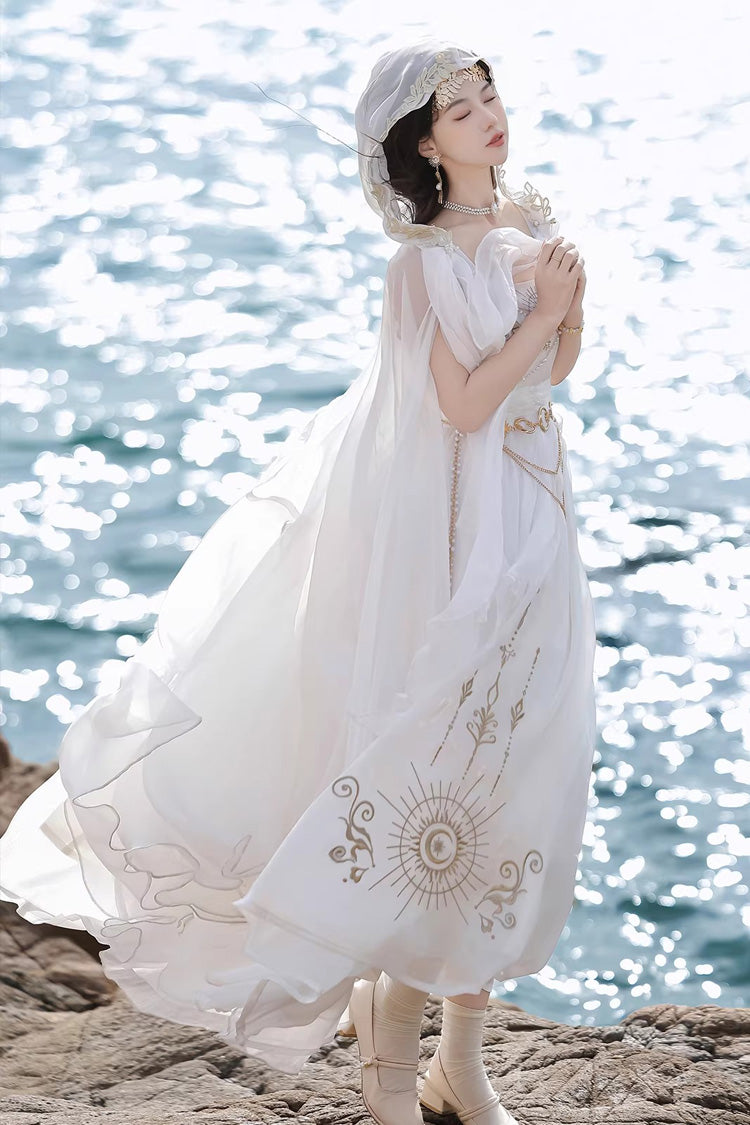 White [Aurelia of the Holy Light] Square Collar Printed Embroidered Chain-Decorated Sweet Elegant Lolita Dress - Product - 3