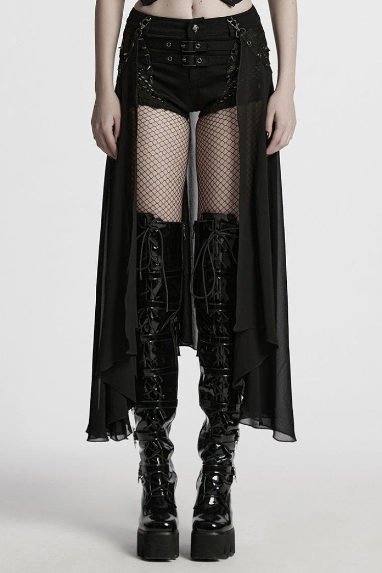 Black Women's Punk Studded Distressed Shorts with Detachable Kilt - Black - 1