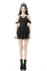 Dark Red Off Shoulder Lace-Up Double-Layered Floral Lace Women's Gothic Sexy Slip Dress - Product - 7