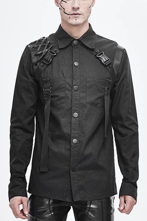 Black Straps Long Sleeves Mens Punk Blouse - Black - 1