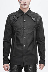Black Straps Long Sleeves Mens Punk Blouse - Black - 1