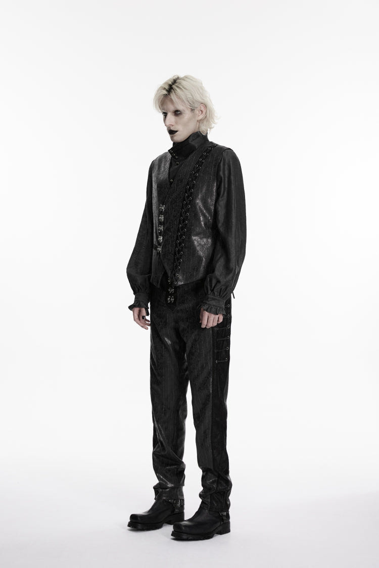 Black V Collar Lace-Up Slim Asymmetric Buckled Men's Punk Vest - Product - 4