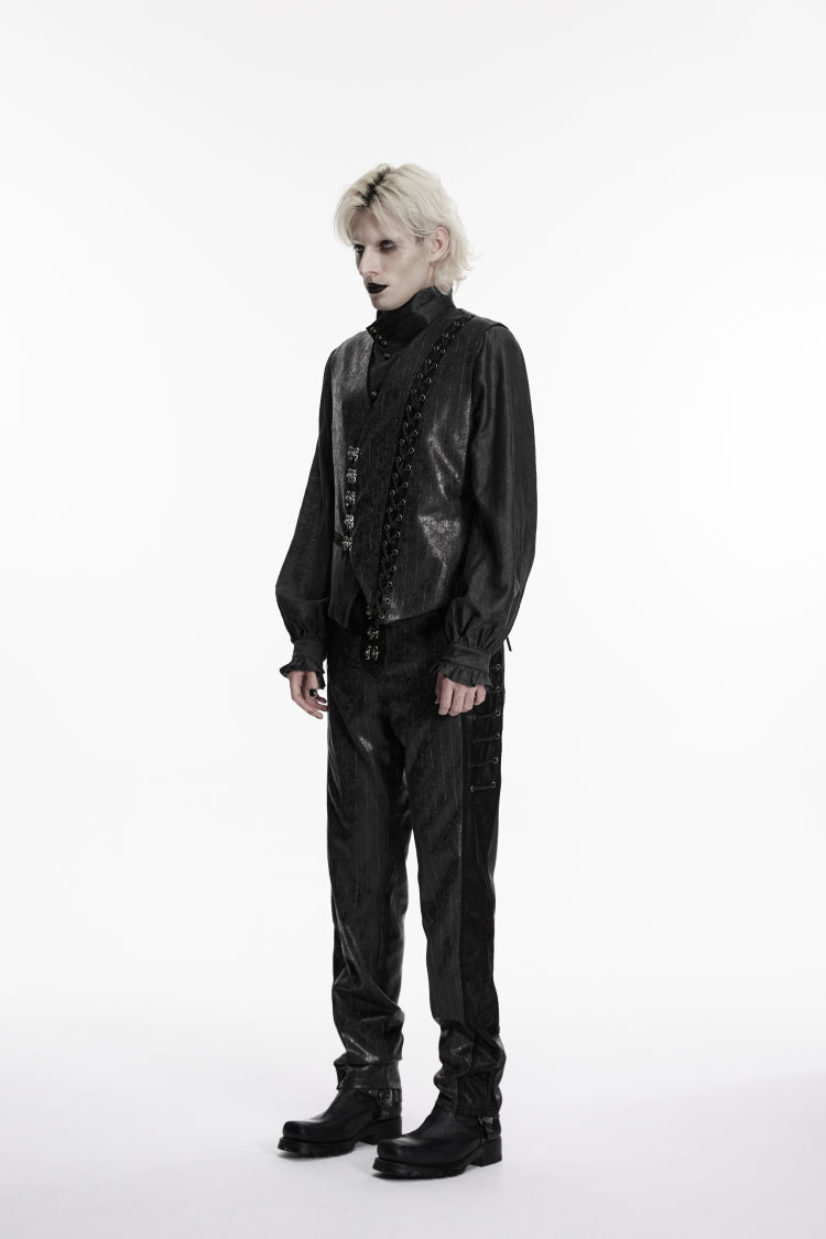 Black V Collar Lace-Up Slim Asymmetric Buckled Men's Punk Vest - Product - 4