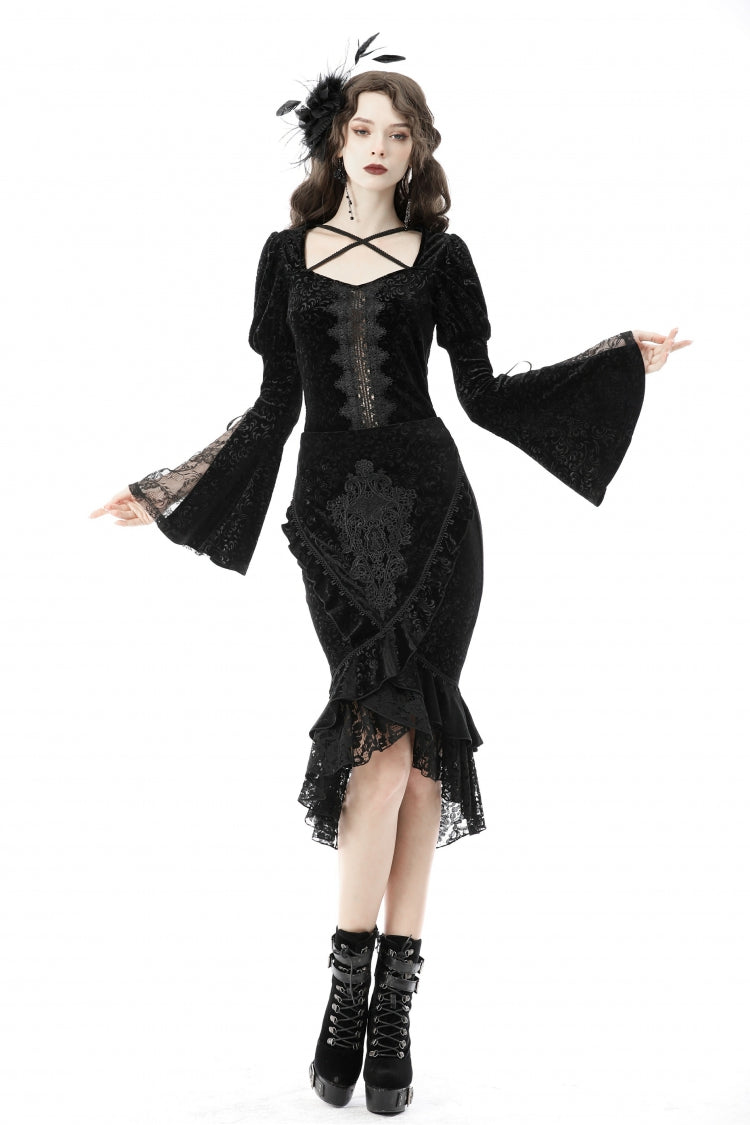 Black Jacquard Lace Lace-Up Women's Gothic Dovetail Wrap Skirt - Product - 5