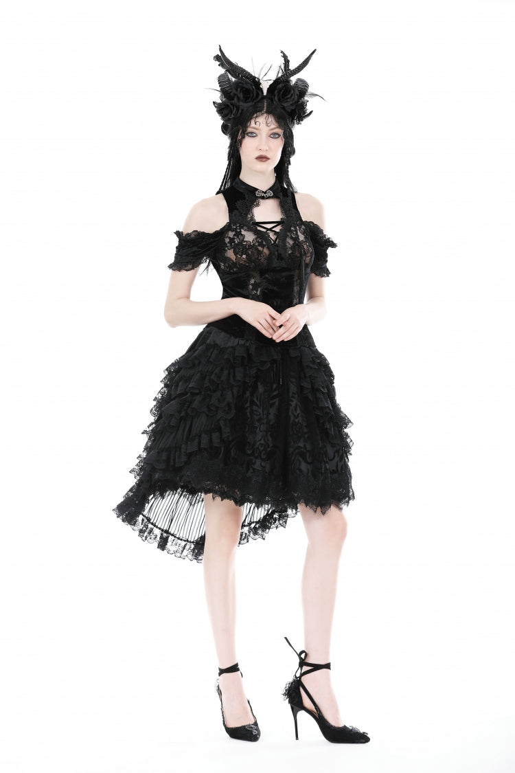 Black Women's Gothic Princess Multi-Layered Ruffled Lace High-Low Skirt - Product - 7