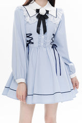 Blue Lapel Collar Long Sleeves Bowknot Lace-Up Jirai Kei Dress - Product - 5