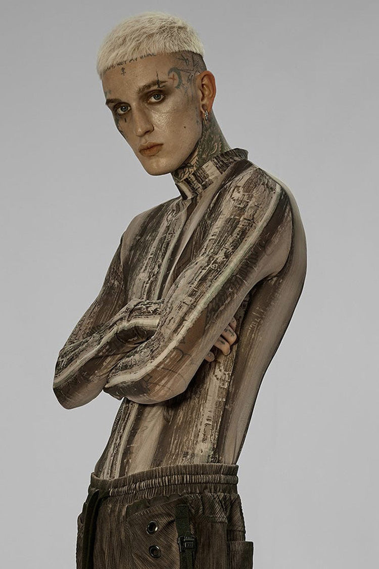 Black/Yellow Punk High Collar Technology Sense Printing Elasticity Tight Long Sleeves Men's Shirt - Product - 2