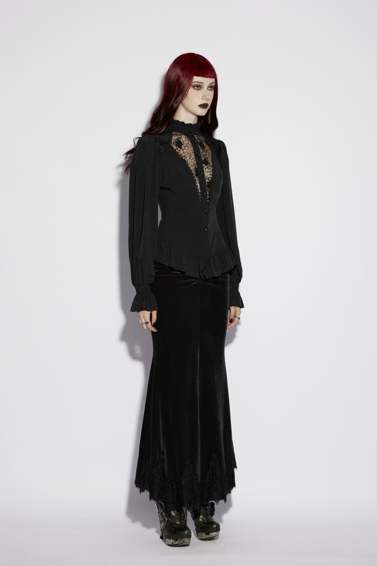 Black Stand Collar Long Lantern Sleeves Cut-Out Embroidered Spliced Lace-Up Slim Sheer Mesh Pleated Women's Gothic Palace Blouse - Product - 2