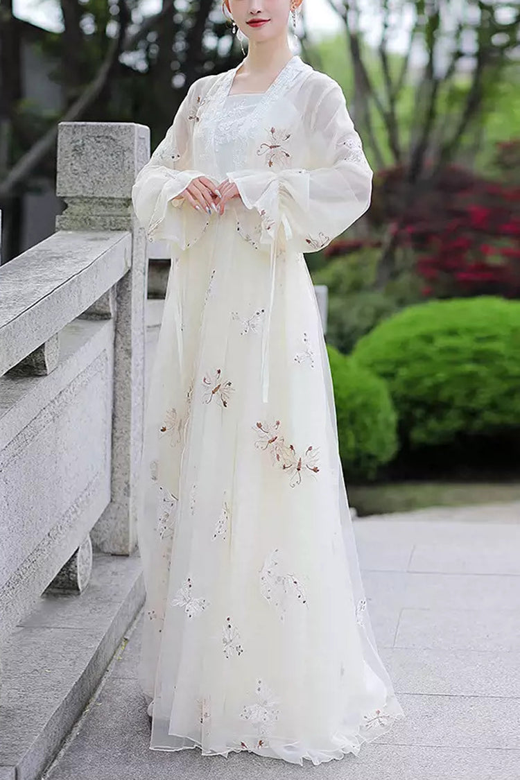 White Long Sleeves Butterfly Embroidery Women's Gorgeous Hanfu Dress - White - 1