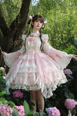 Pink [Spring Entwined with Cherry Clouds] Short Sleeves Embroidered Bow Lace Sweet Chinese Style Lolita Dress - Product - 8