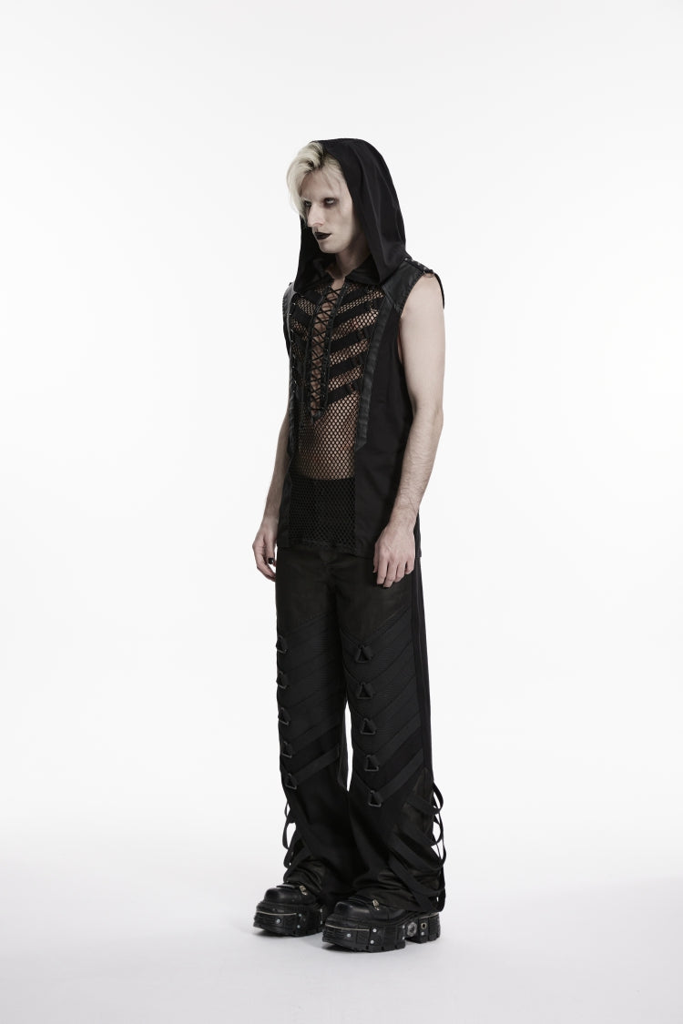 Black Spliced Lace-Up Slim Hooded Mesh Eyelet Men's Punk Cool Vest - Product - 3
