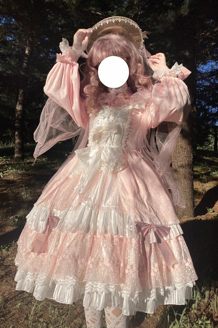 Pink Hanayome Long Sleeves Bowknot Multi-Layer Ruffled Sweet Lolita OP Tiered Dress - Pink - 1