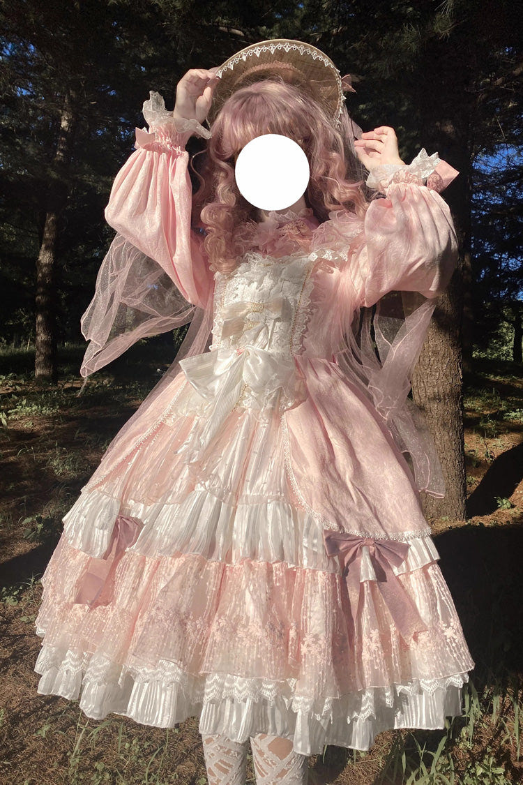 Pink Hanayome Long Sleeves Bowknot Multi-Layer Ruffled Sweet Lolita OP Tiered Dress - Pink - 1