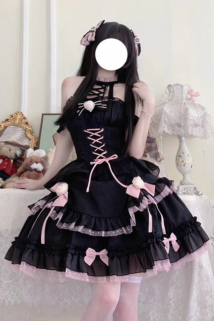 Black/Pink Lace Up Multi-layer Ruffle Cardigan Bowknot Gothic Lolita Jsk Dress - Black/Pink - 1