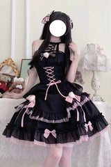 Black/Pink Lace Up Multi-layer Ruffle Cardigan Bowknot Gothic Lolita Jsk Dress - Black/Pink - 1