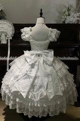 White [Eternal Floral Message] Square Collar Sleeveless Multi-Layered Hanayome Embroidered Bow Lace Sweet Lolita Jsk Dress - Product - 4