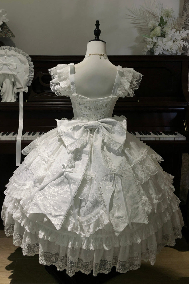 White [Eternal Floral Message] Square Collar Sleeveless Multi-Layered Hanayome Embroidered Bow Lace Sweet Lolita Jsk Dress - Product - 4