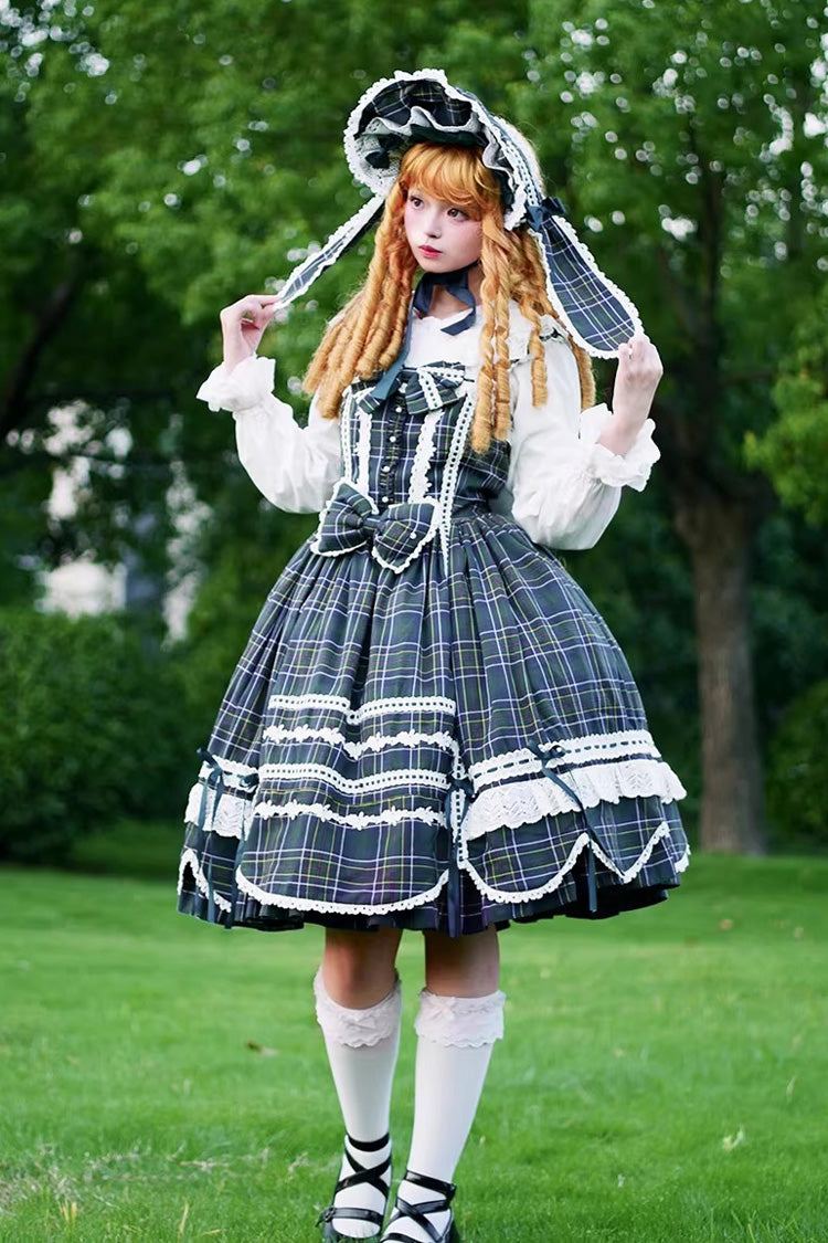 Green [Gingham Petal Bunny] Printed Ruffled Bow Sweet Lolita Jsk Dress - Product - 12