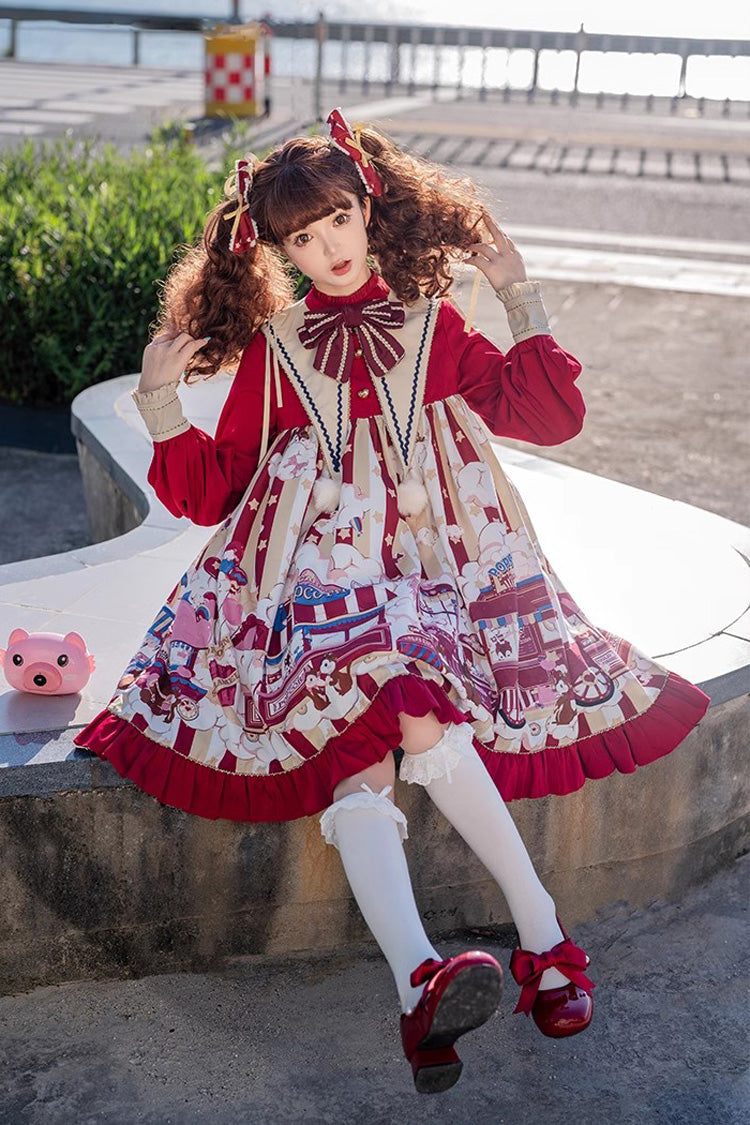 Red Long Sleeves Squirrel Popcorn Print Bowknot Sweet Lolita Dress - Product - 3