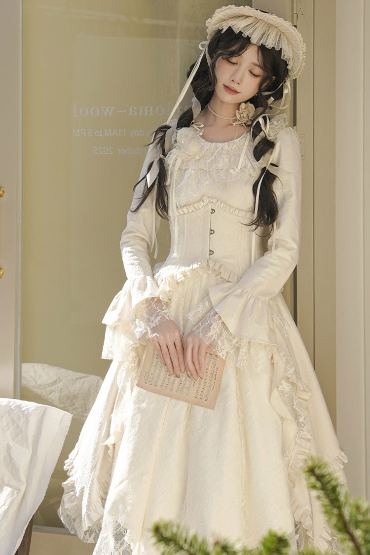 Ivory [White Tea] Long Sleeves Ruffle Bowknot Lace Irregular Classic Princess Lolita Dress - Product - 7