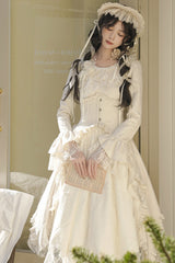Ivory [White Tea] Long Sleeves Ruffle Bowknot Lace Irregular Classic Princess Lolita Dress - Product - 7