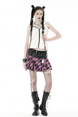 Black/Pink Women's Punk Grunge Zippered Faux Leather Spliced Plaid Pleated Mini Skirt - Product - 5