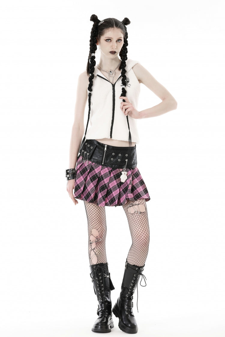 Black/Pink Women's Punk Grunge Zippered Faux Leather Spliced Plaid Pleated Mini Skirt - Product - 5