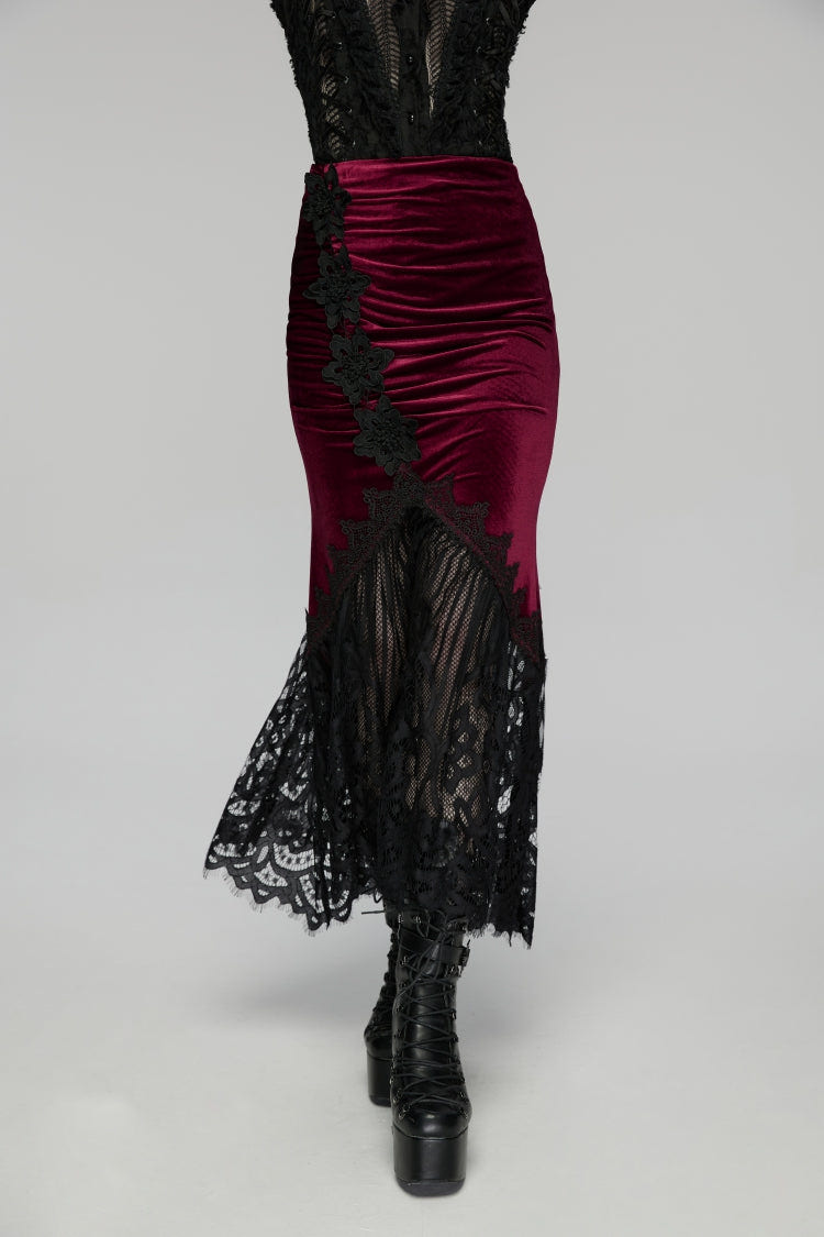 Black/Red Embroidered Lace Slim Women's Gothic Fishtail Velvet Skirt - Product - 6