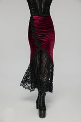 Black/Red Embroidered Lace Slim Women's Gothic Fishtail Velvet Skirt - Product - 6