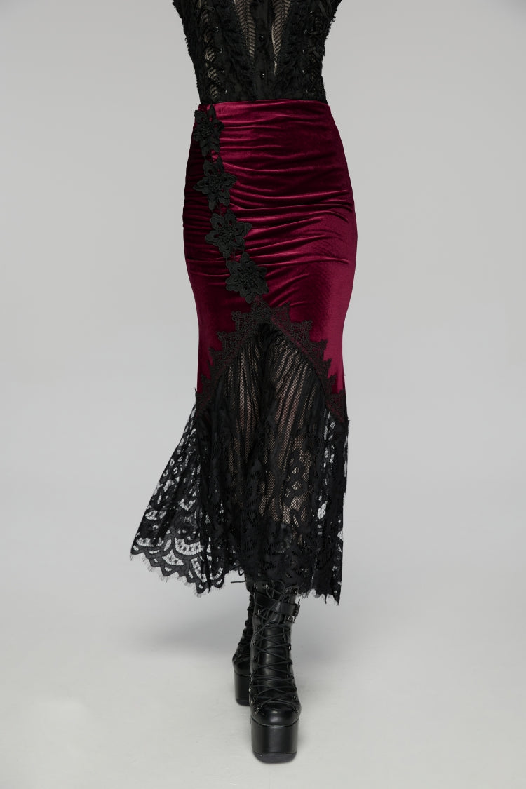 Black/Red Embroidered Lace Slim Women's Gothic Fishtail Velvet Skirt - Product - 6