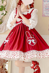 Red High Waisted Ruffled Hem Bowknot Sweet Lolita JSK Dress - Red - 1