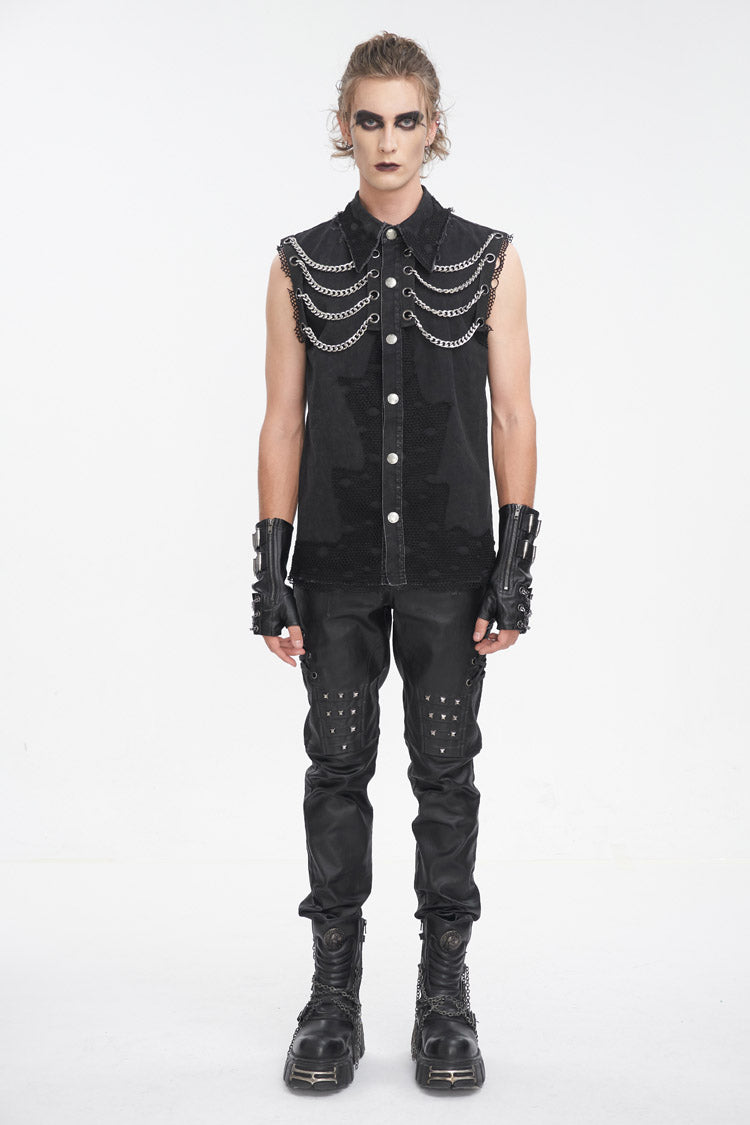 Black Lapel Collar Sleeveless Slim Men's Punk Vest - Product - 2