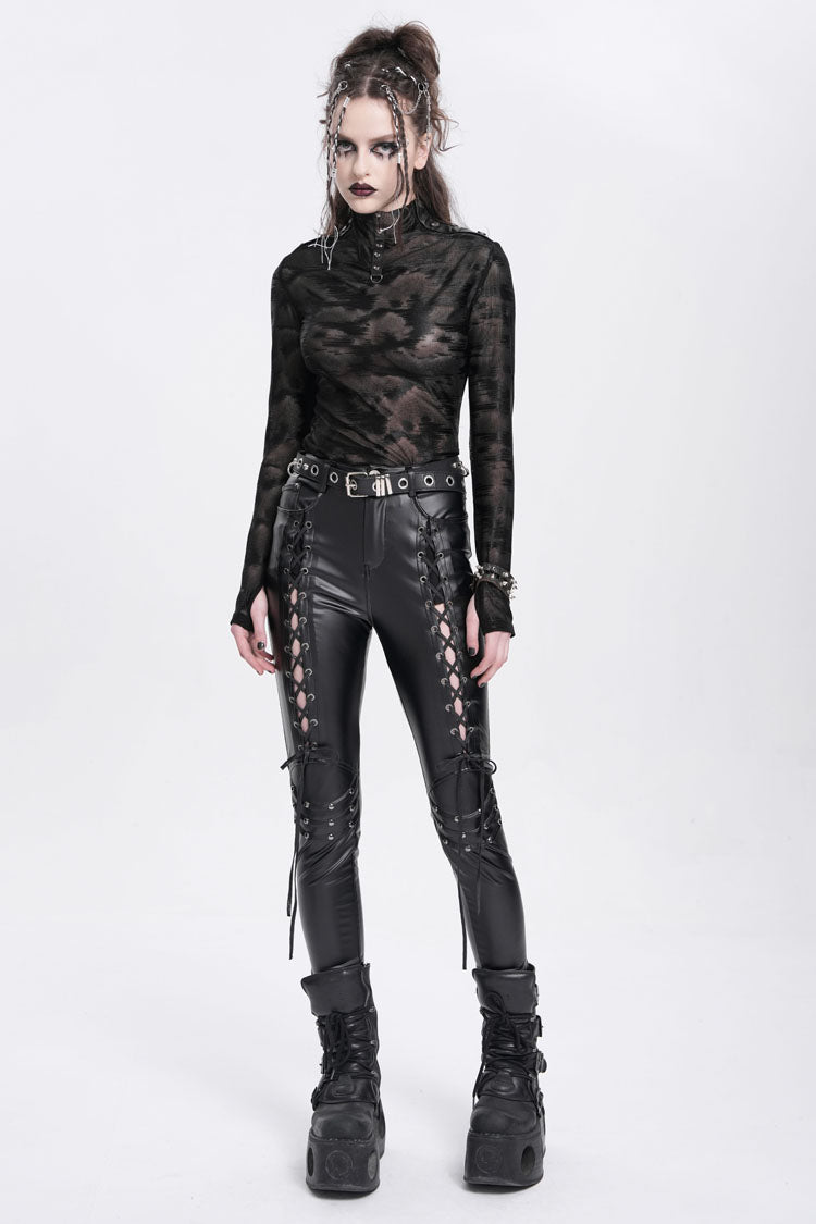 Black Stand Collar Sheer Studded Women's Punk Blouse - Product - 9