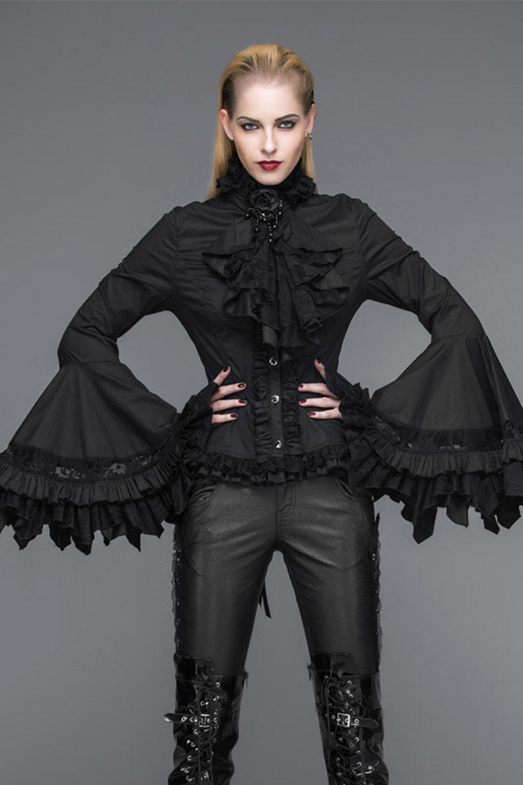 Black Vintage Ruffled With Trumpet Sleeves Women's Punk Blouses - Product - 2