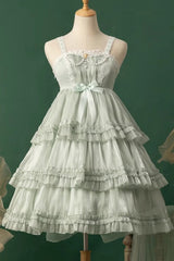 Star Gauze Romance Multi-layer Ruffle Bowknot Sweet Elegant Princess Lolita Jsk Dress 2 Colors - Green - 4
