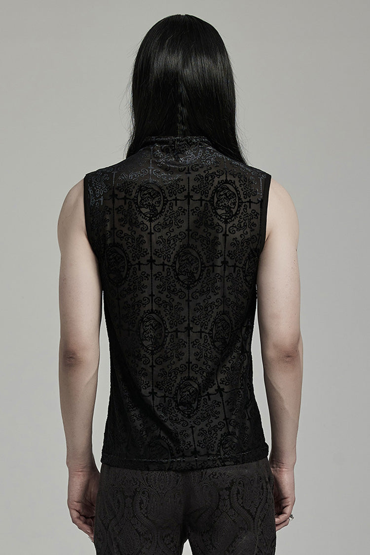 Black Sleeveless Beaded Cross Flocking Print Men's Gothic Tank Top - Product - 3